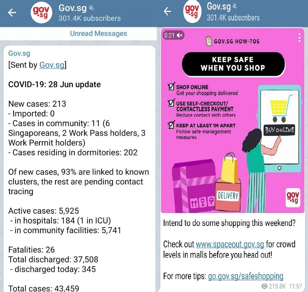 The Singapore government provides daily COVID-19 updates and articles such as “Keep safe when you shop” on the Gov.sg Telegram channel.